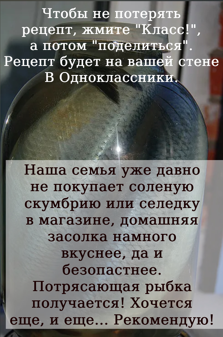 Наша семья уже давно не покупает соленую скумбрию или селедку в магазине, домашняя засолка намного вкуснее, да и безопастнее. Потрясающая рыбка получается! Хочется еще, и еще… Рекомендую!